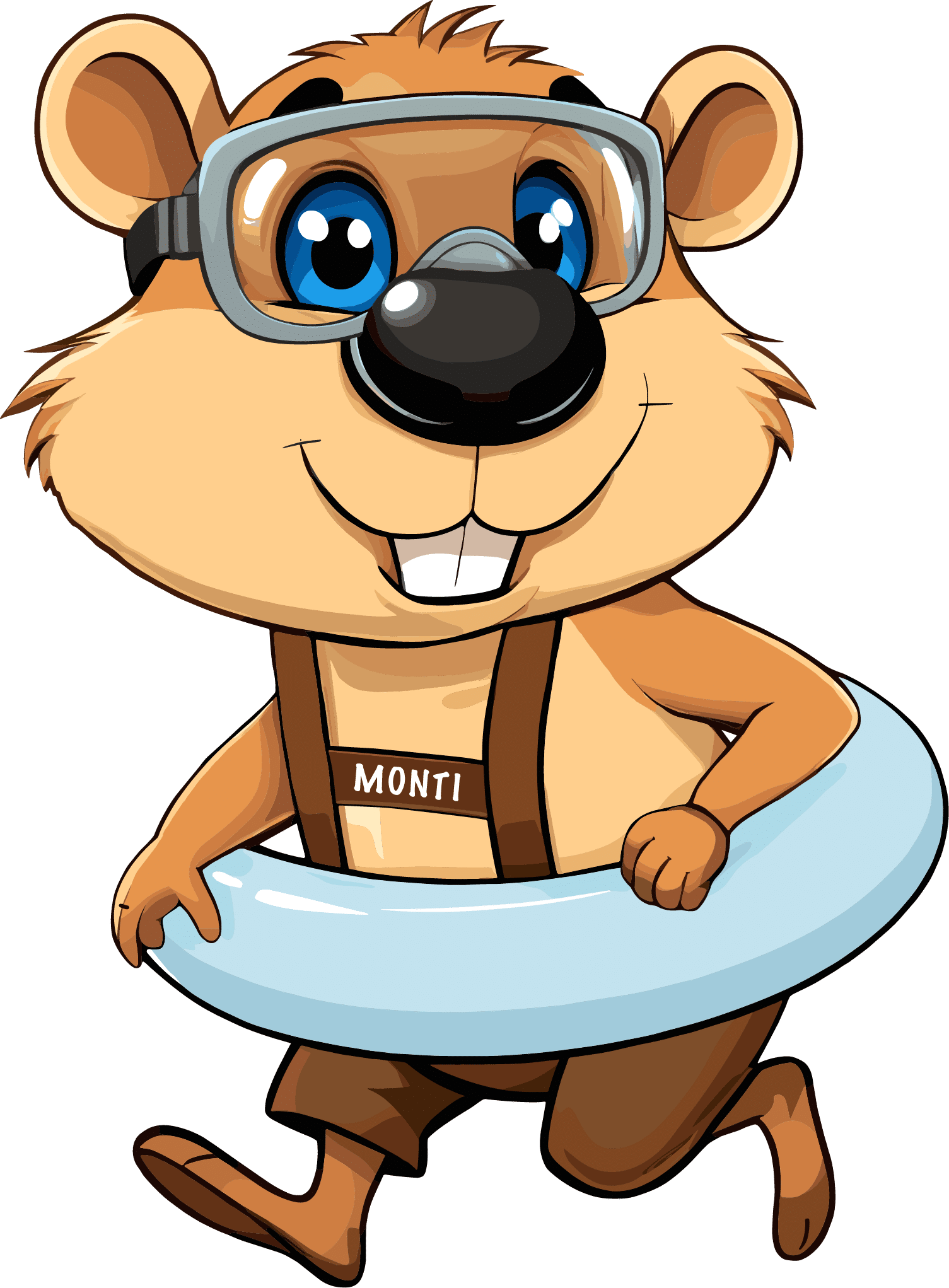 Monti, the cheerful mascot for recreational activities, wearing a flotation device and ready for fun in the water.