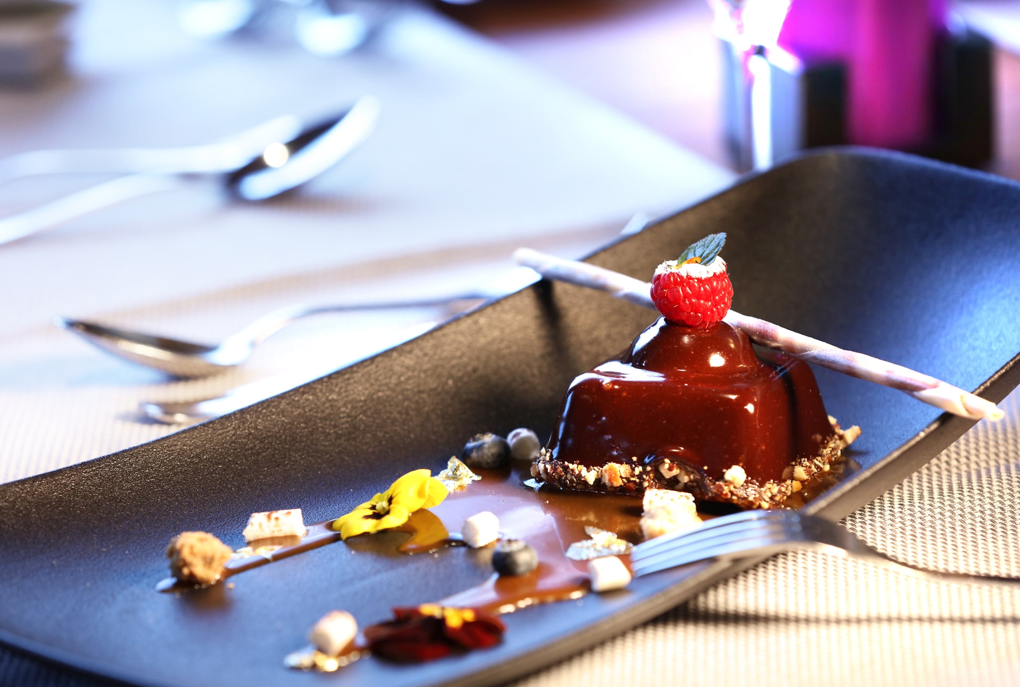 Elegant chocolate dessert on a modern plate